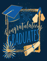Blue Bachelor Cap And Gold Fireworks For Celebrate Graduation Backdrop Shopbackdrop